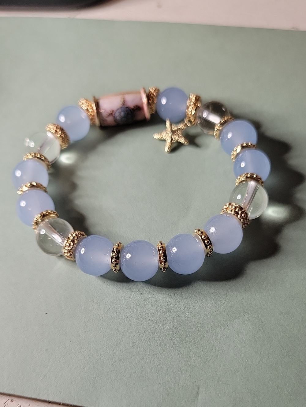 Turtle Gold Accent Blue Beaded Stretch Bracelet with Star Charm